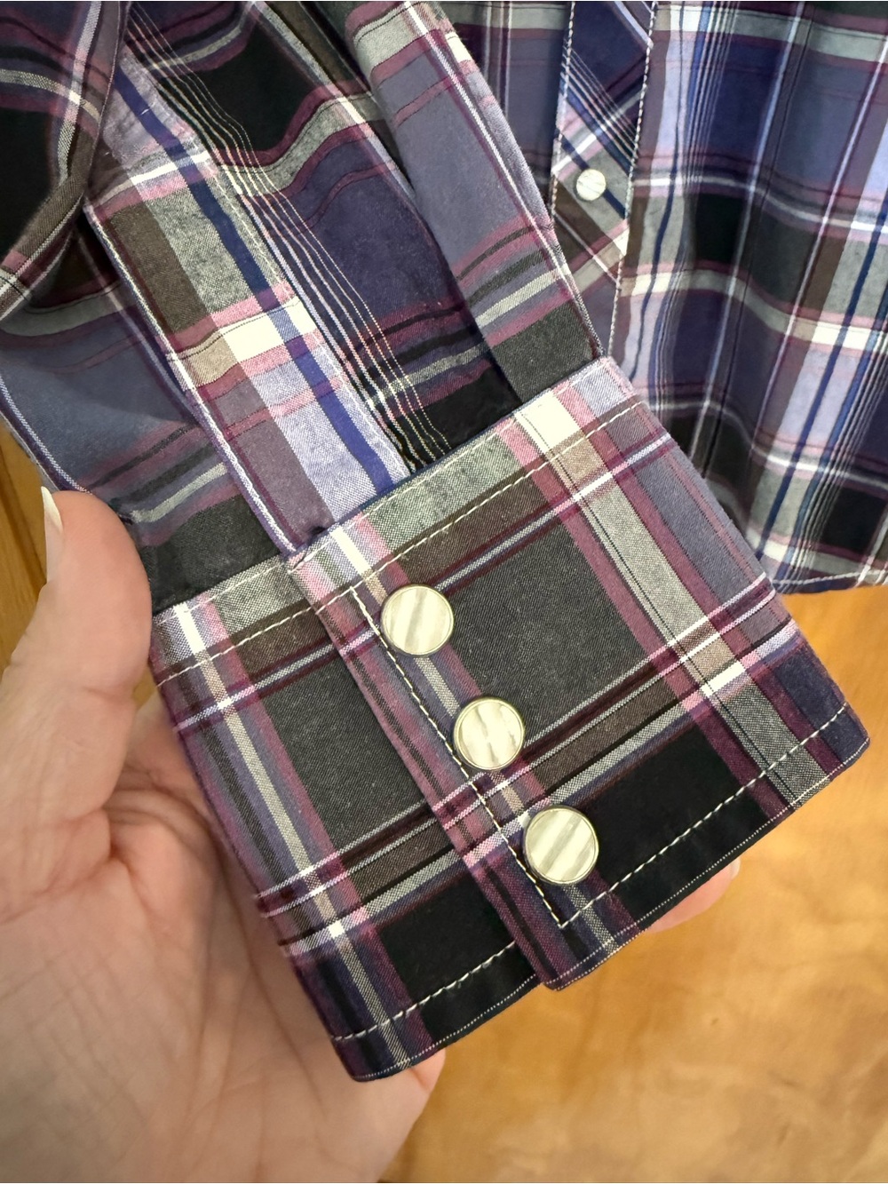 Wrangler Retro Men's Purple Black Plaid Western Long Sleeve Pearl Snap Shirt M - Picture 6 of 9